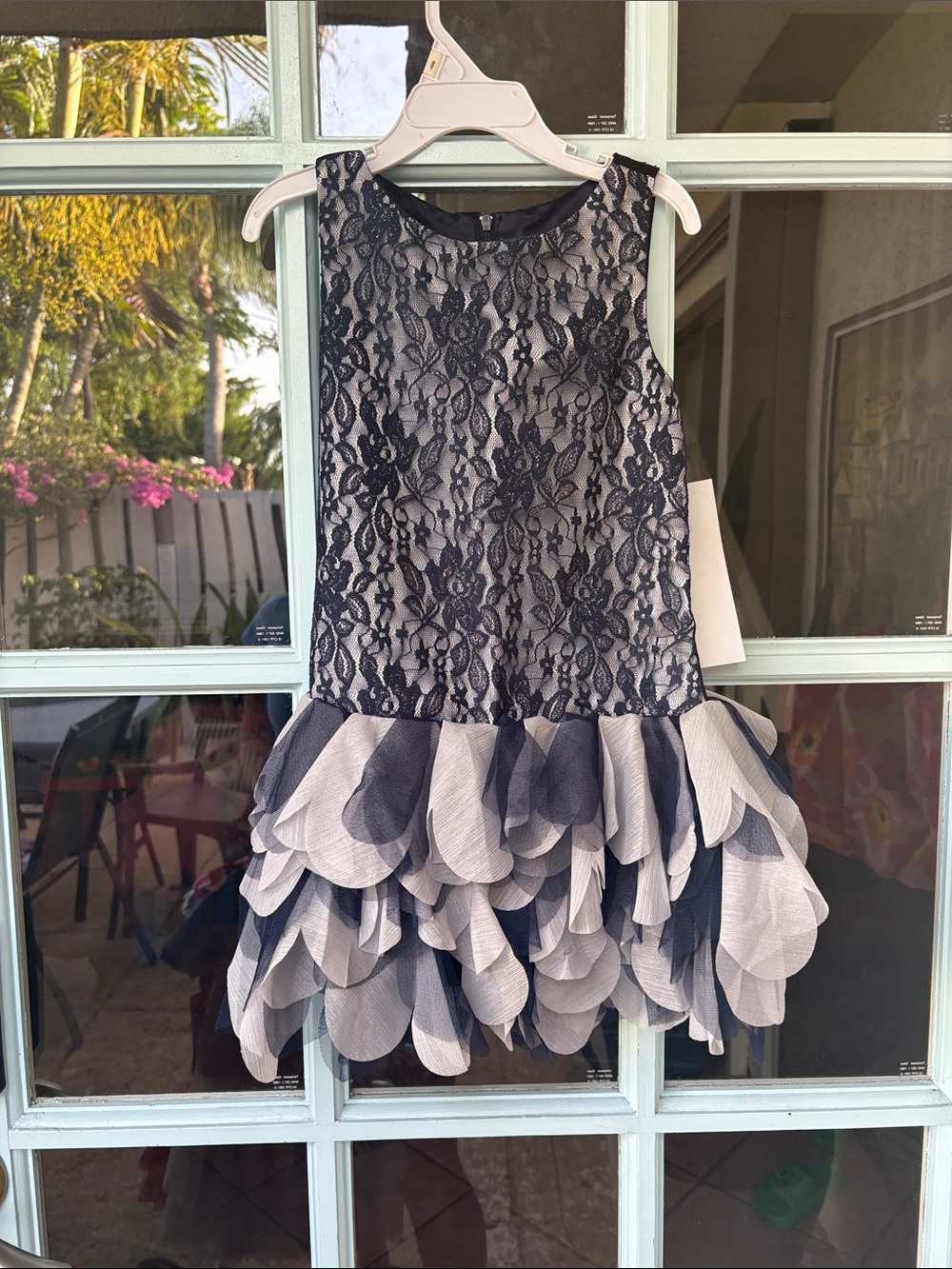 Biscotti Navy and Cream Lace Ruffle Dress